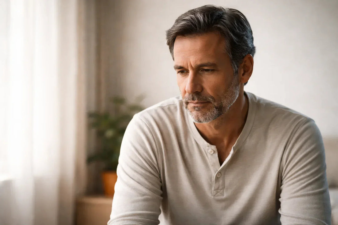 Hombre adulto reflexionando sobre cambios en su bienestar
